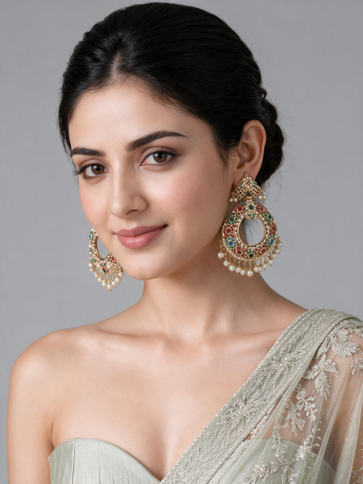 Multicolour Jadau Pearl Chandbali Earrings