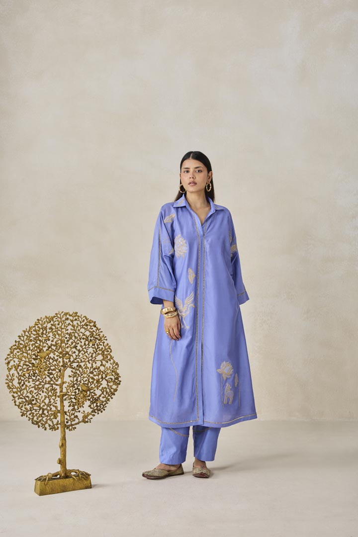 Ink Blue Chanderi Shirt Kurta Set with Heritage Embroidery