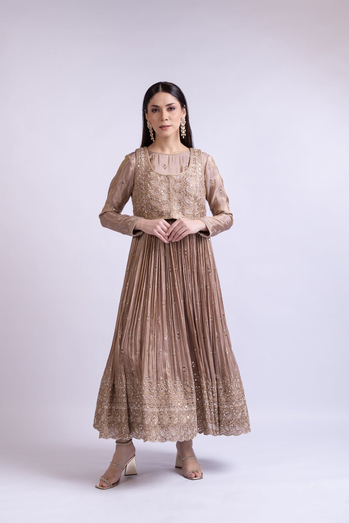 Mouse Brown Tissue Silk Short Anarkali with Embroidered Jacket