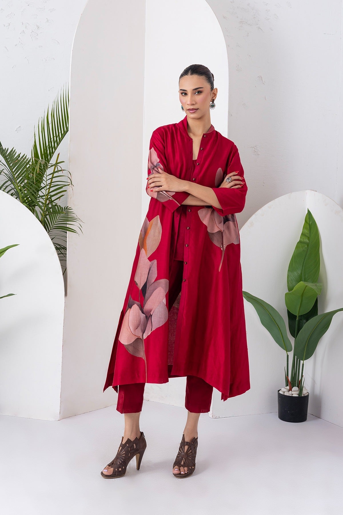 Maroon Silk Chanderi Leaf Printed Dress Set (3 PCS)