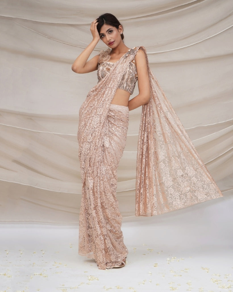 Champaign Gold Lace Pre Stiched Saree