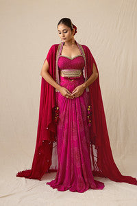 Fuchsia pink printed bandhej drape skirt set