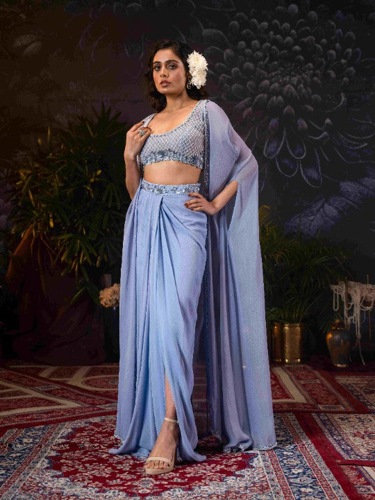 georgette drape skirt set with cape - image 1