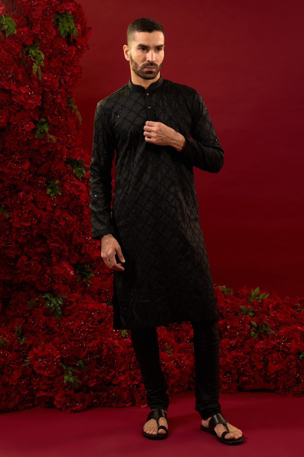 Black silk kurta & pajama with machine work