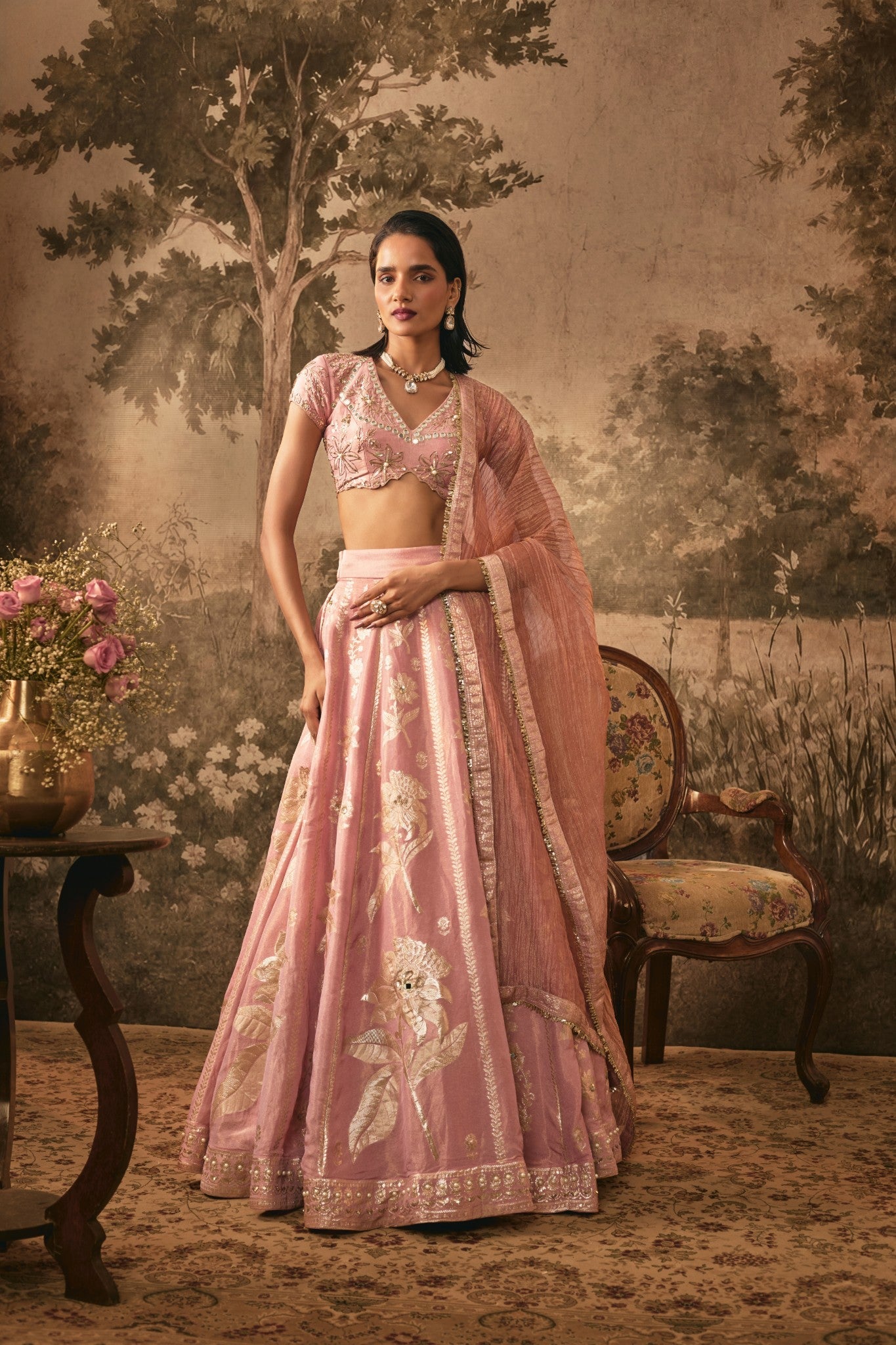 Blush Pink Banarasi Embroidered Lehenga Set