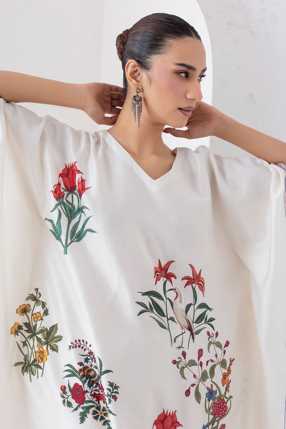 Ivory Silk Chanderi Floral Printed Kaftan Set (2 PCS)