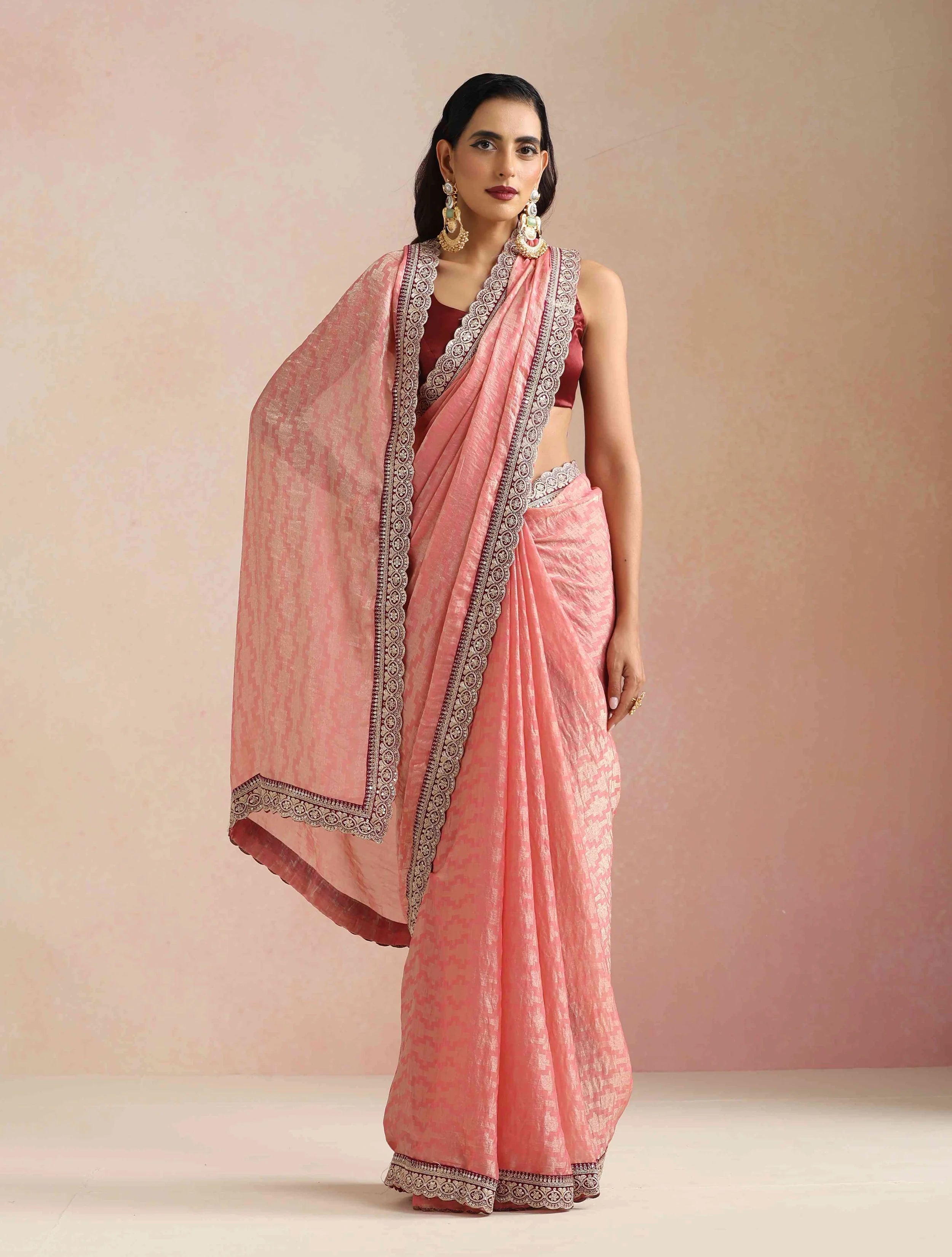 trueBrowns Peach Geometric Weave Saree With Unstitched Blouse
