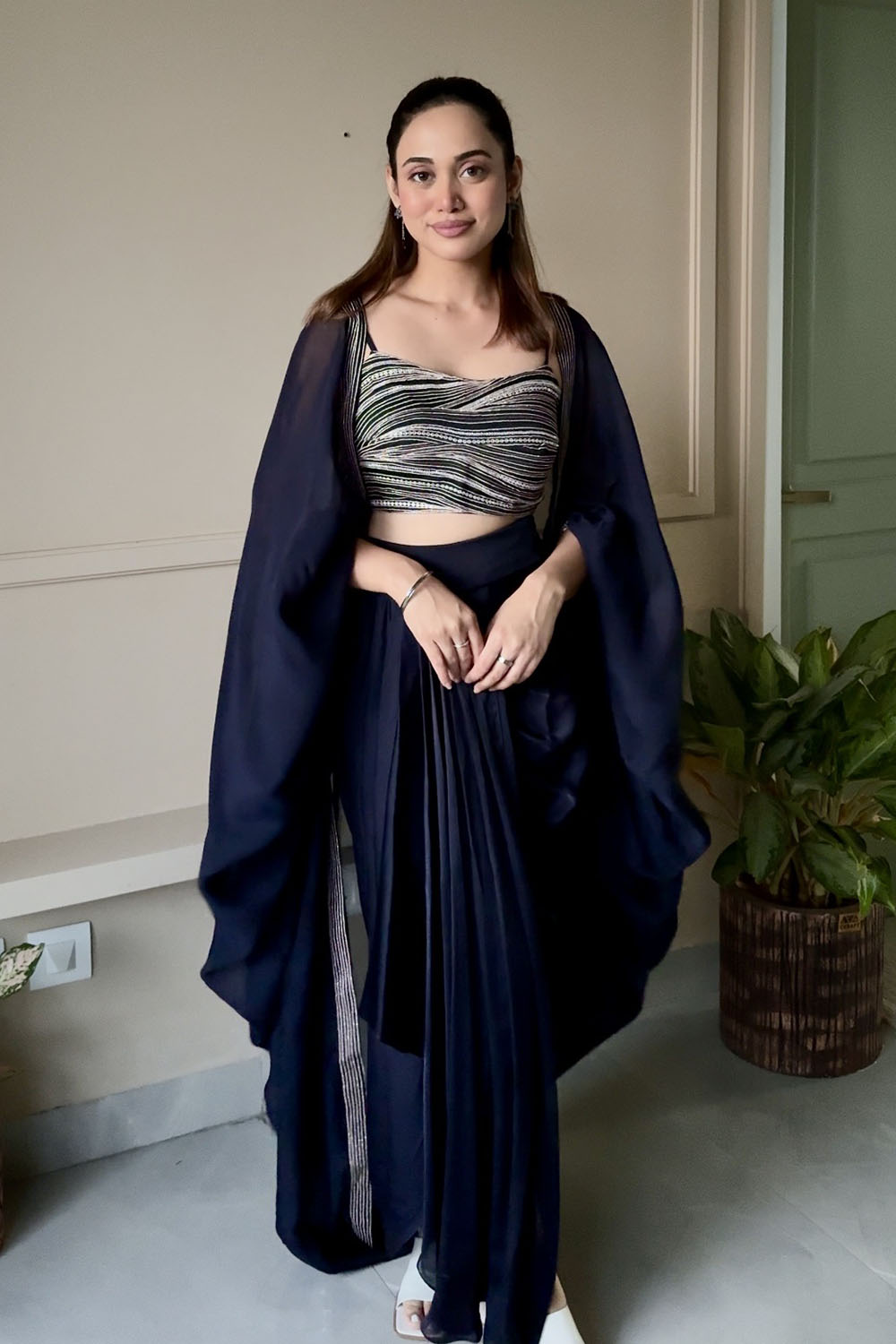 Navy Blue Crystal Embroidered Cape Set with Signature Pickup Skirt
