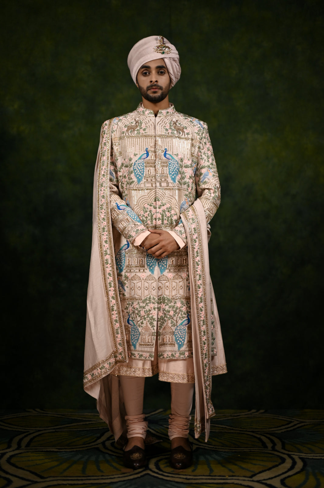 rosegold peacock sherwani set