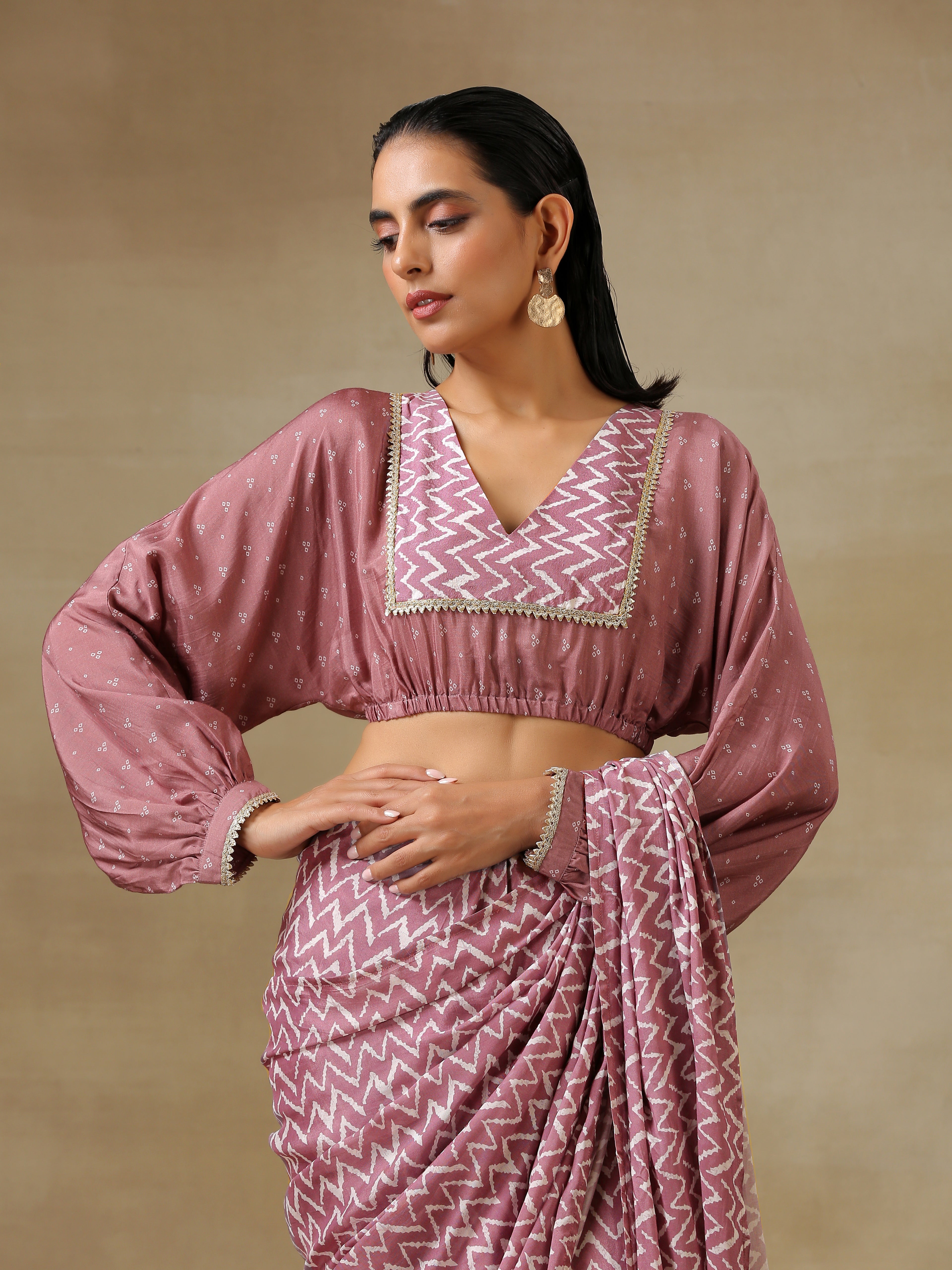 Dark Mauve Bandhani Printed Silk Elasticated Blouse