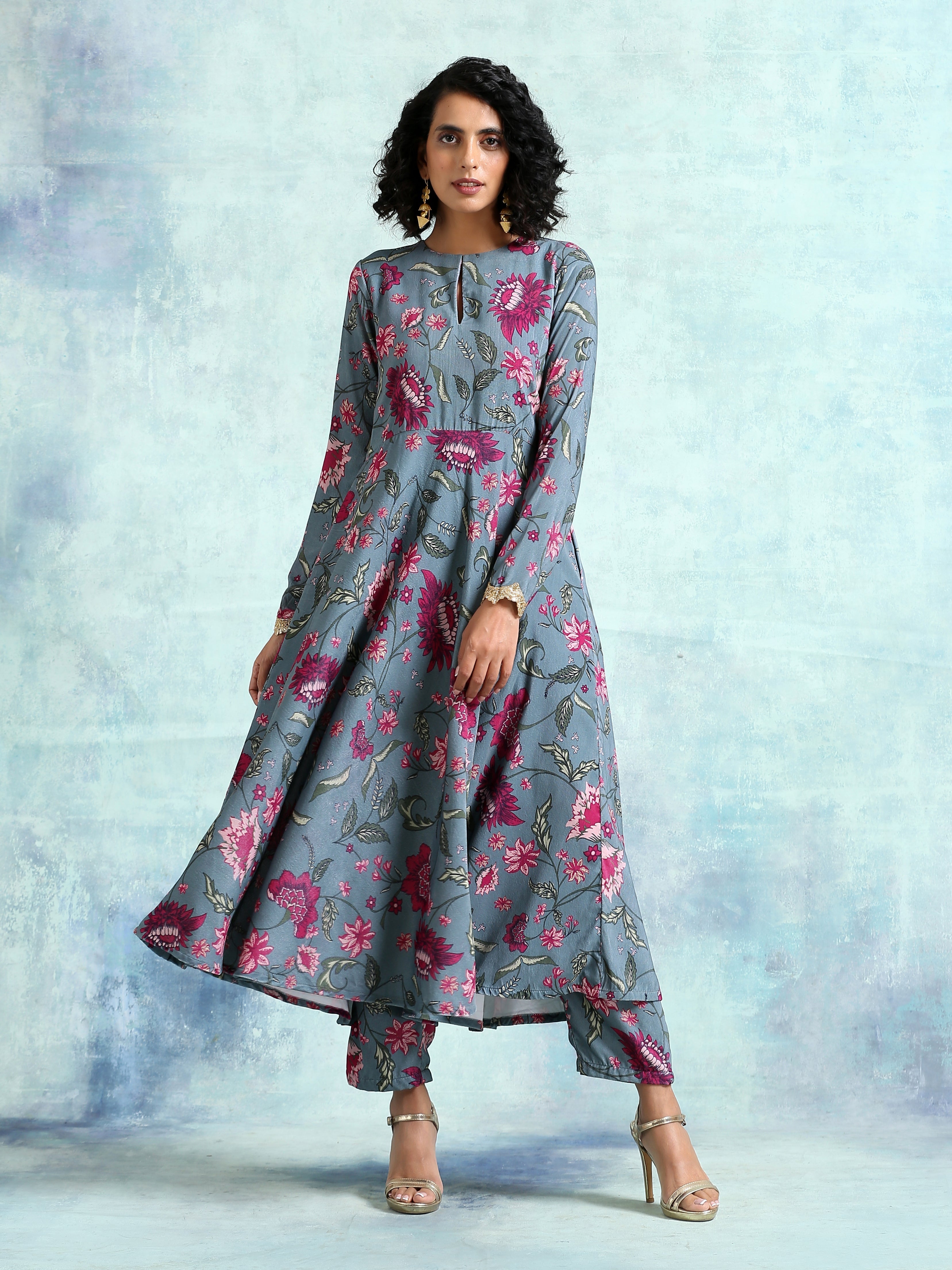 Grey Printed Velvet Arkali Kurta