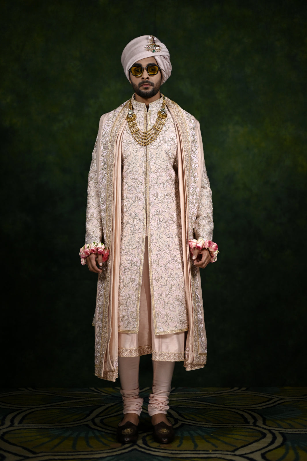 rose pink threadwork sherwani set