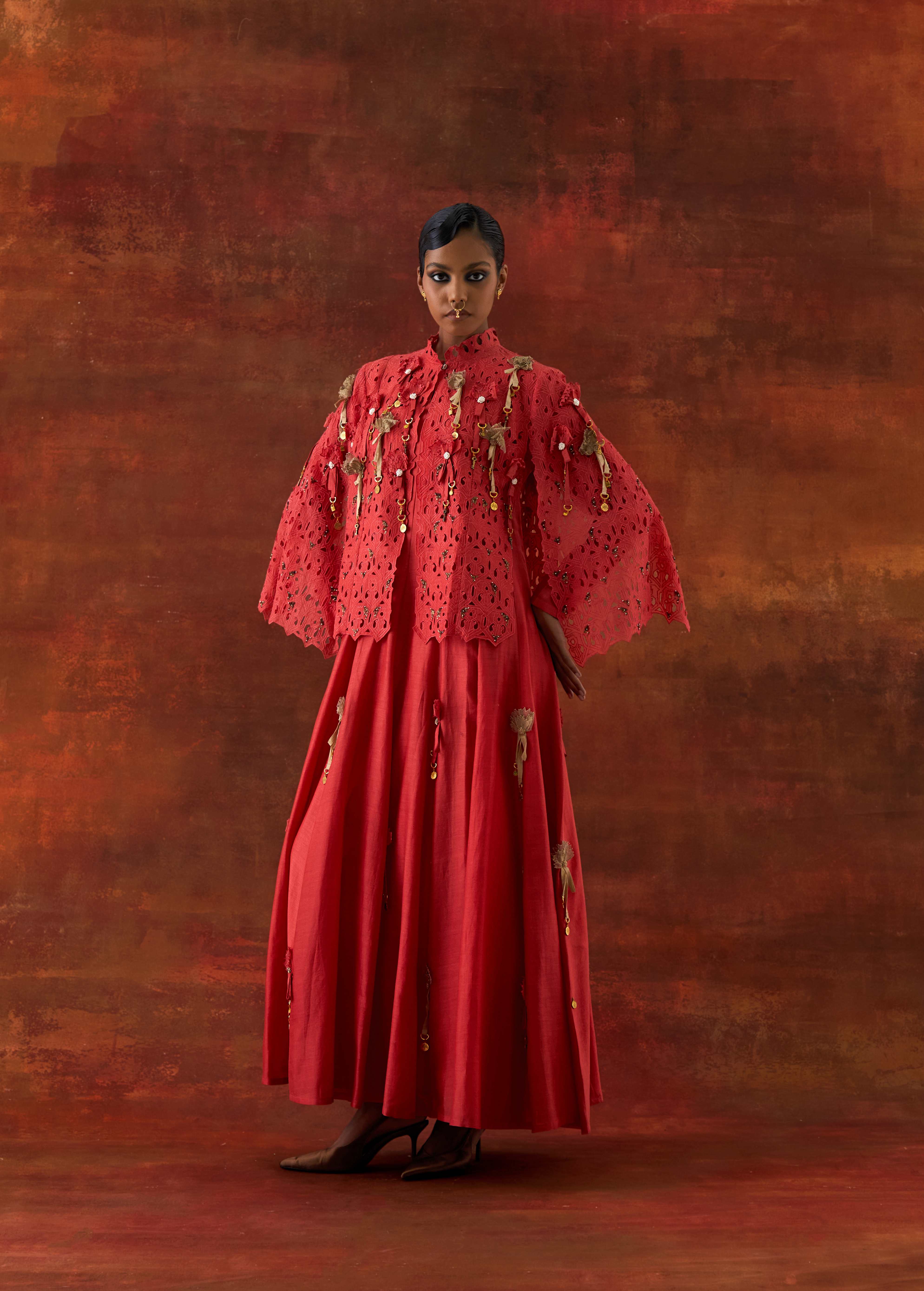 EMBROIDERED CUTWORK CAPE WITH 3D FLOWER KALIDAR - image 1