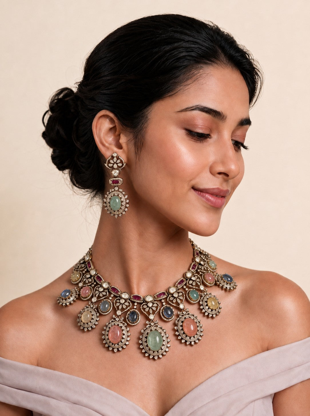 Multicolour Semi-Precious Stone Moissanite Necklace Set