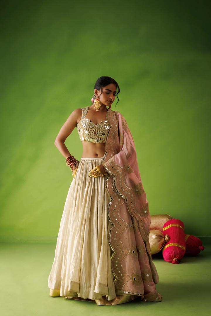 Beige tissue crushed lehenga set with pink dupatta