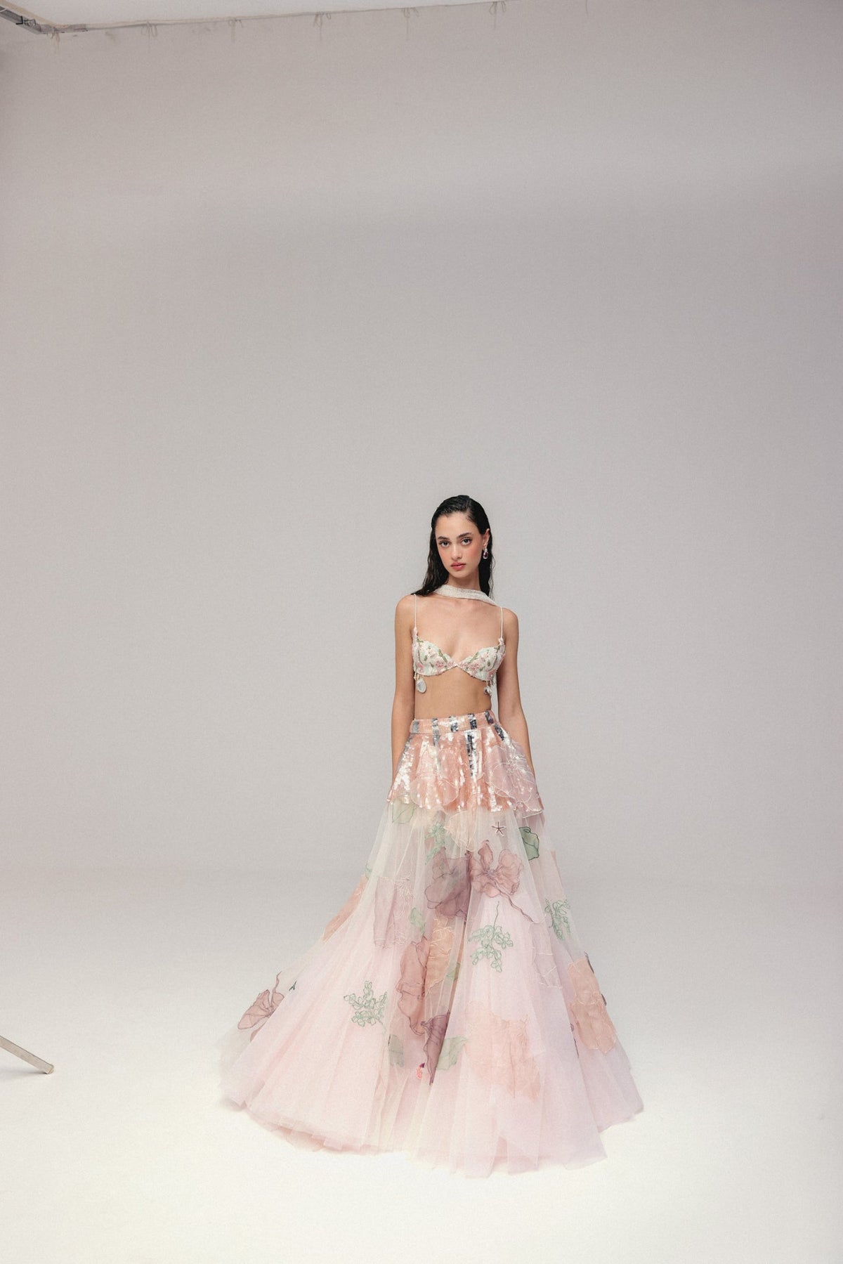 Beaded & Sequin Embroidery, Silk & Soft Tulle with French Lace, Skirt Set, Bralette Silhouette