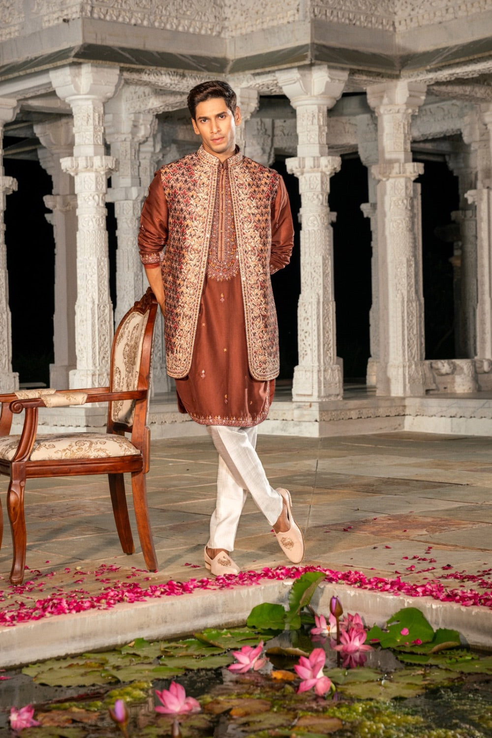 Brown silk open koti set with multicolour embroidery