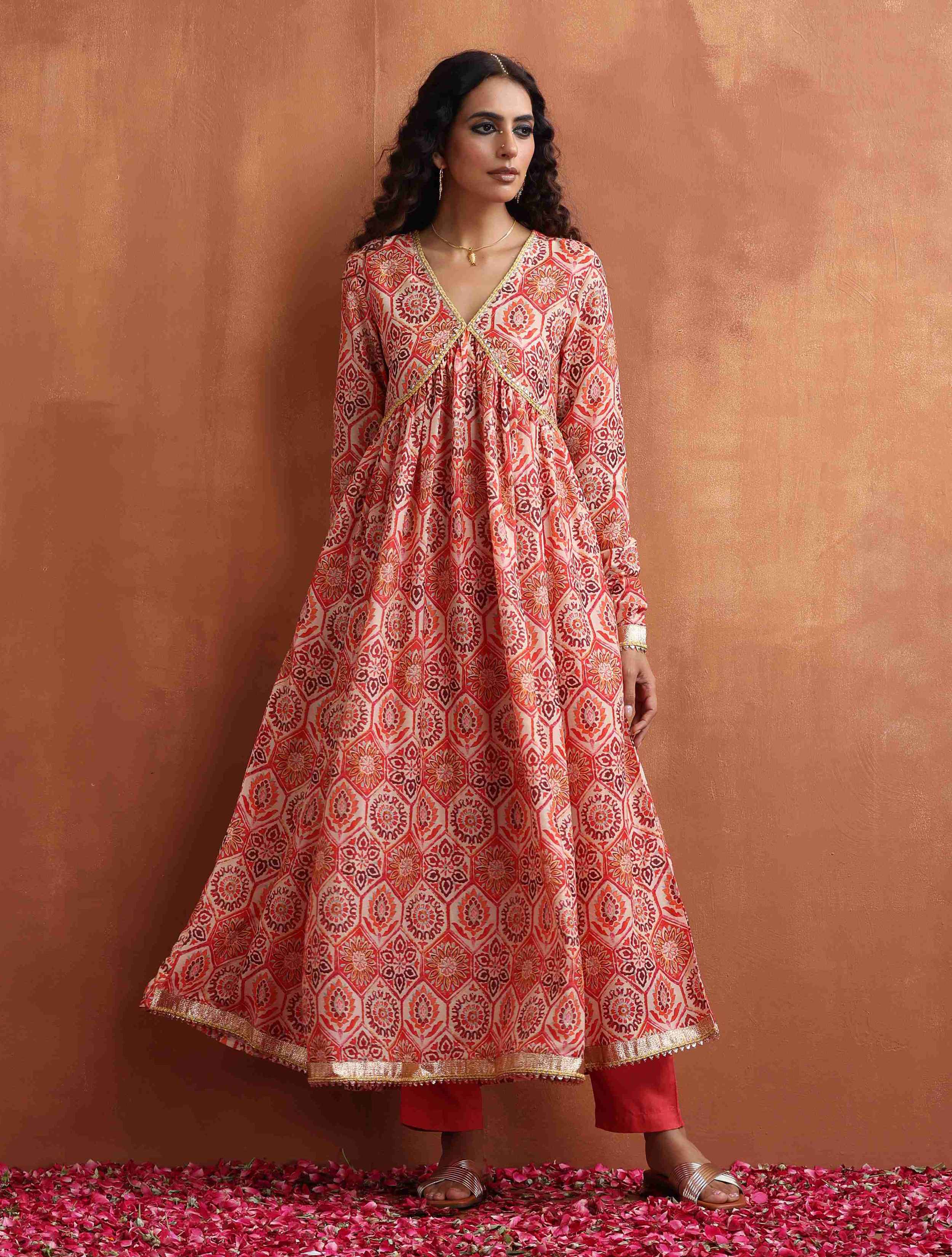 trueBrowns Beige Print Flared Arkali Kurta Set