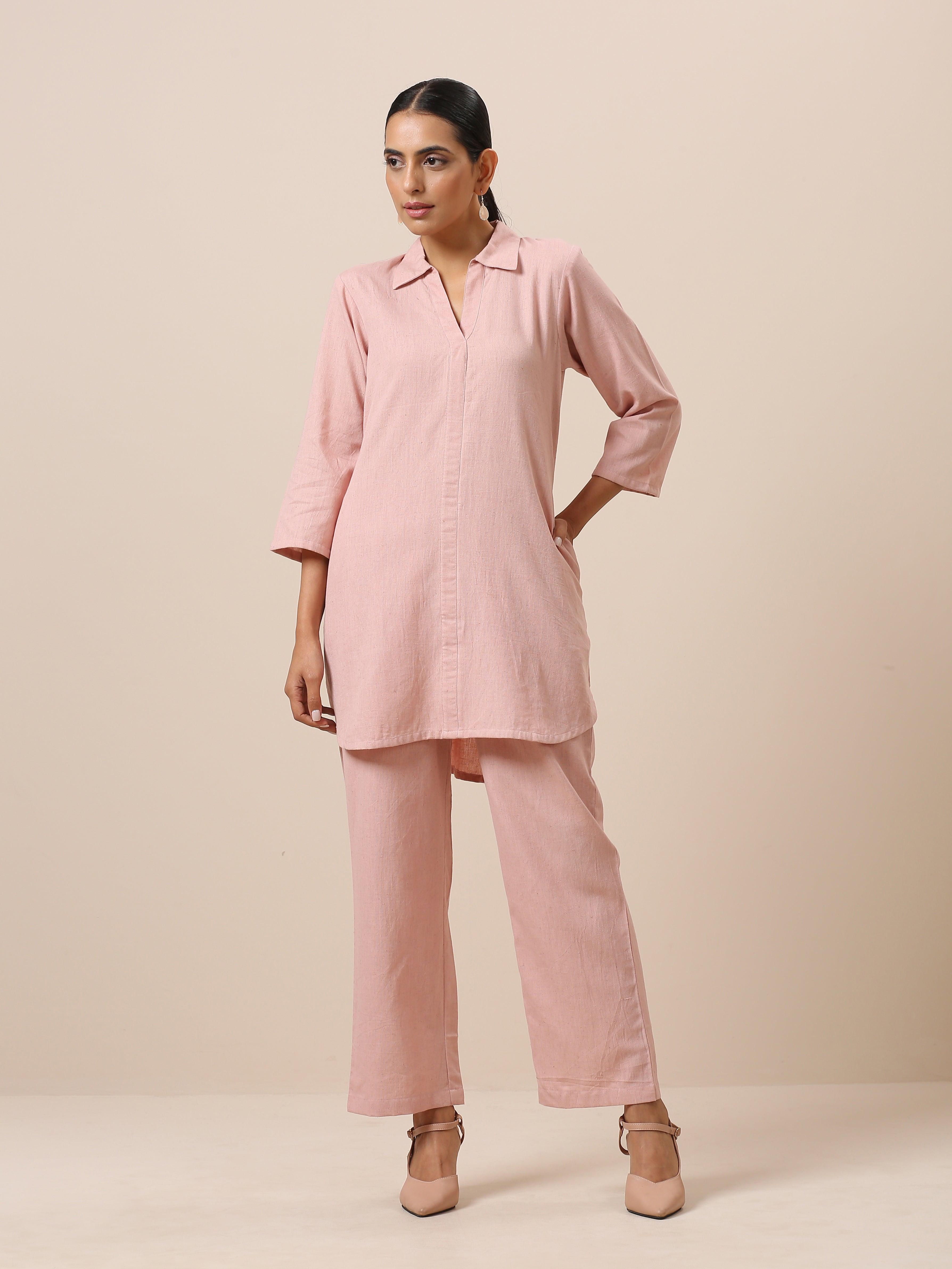 Cotton Rose Pink Collar Short Co-Ord Set - trueBrowns