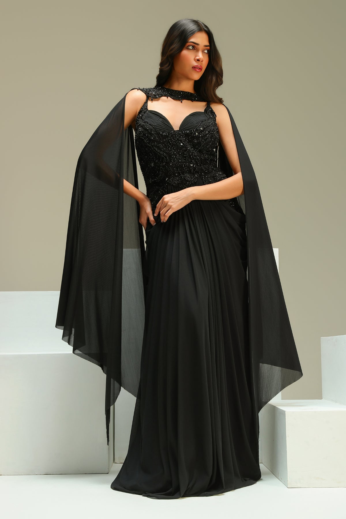 Black Embellished Lycra Gown Set with Cape Dupatta