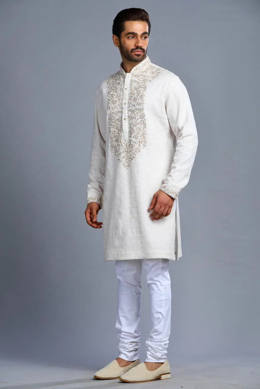 Ivory Cotton Embroidered Kurta