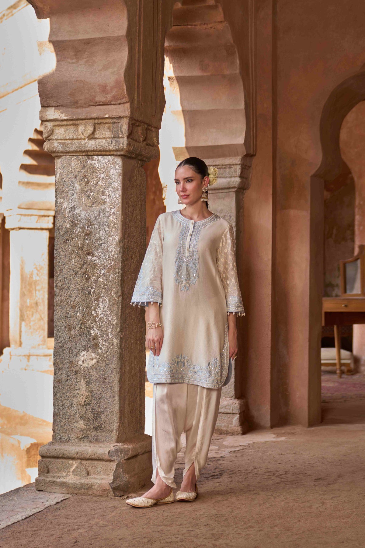 Ruhi Daisy Ivory and Blue Silk Chanderi Kurta Dhoti Set