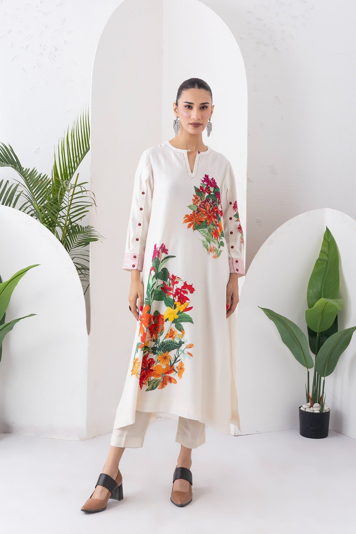 Ivory Silk Chanderi Tunic With Artistic Floral Placement Prints Set (2 PCS)