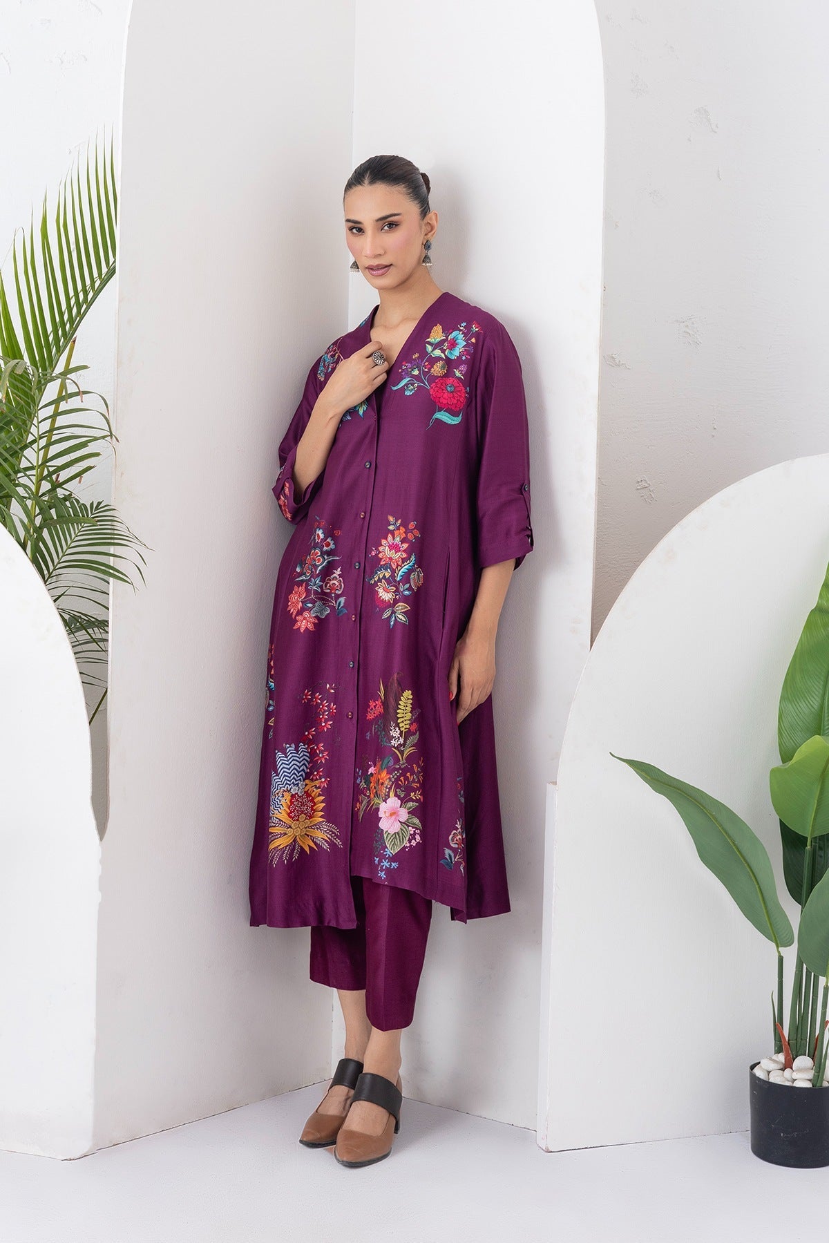 Wine Silk Chanderi Printed High-Low Dress Set (3 PCS)