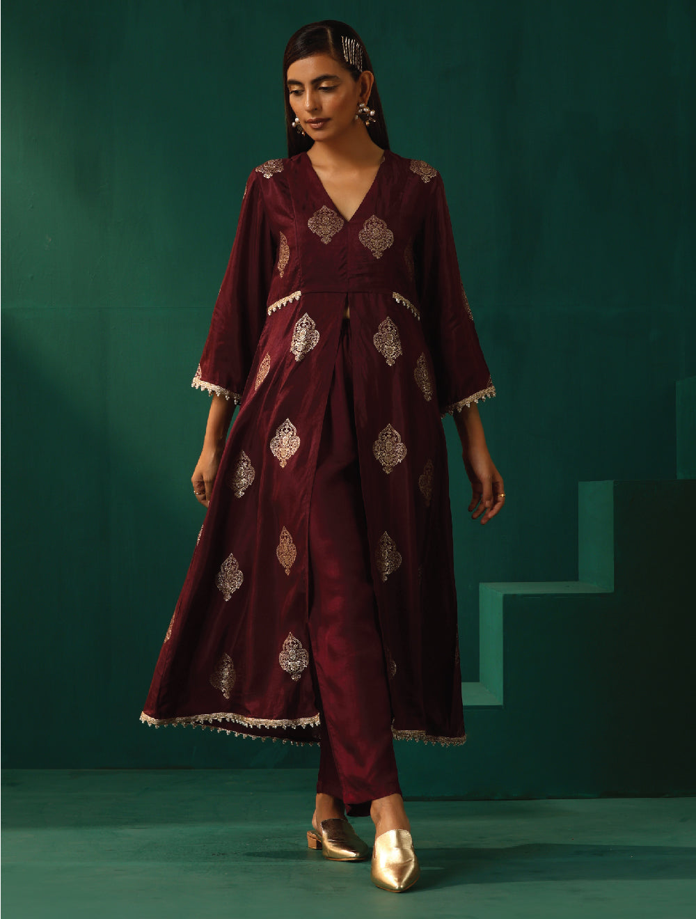 trueBrowns Wine Geometric Viscose Silk Kurta Pant Set