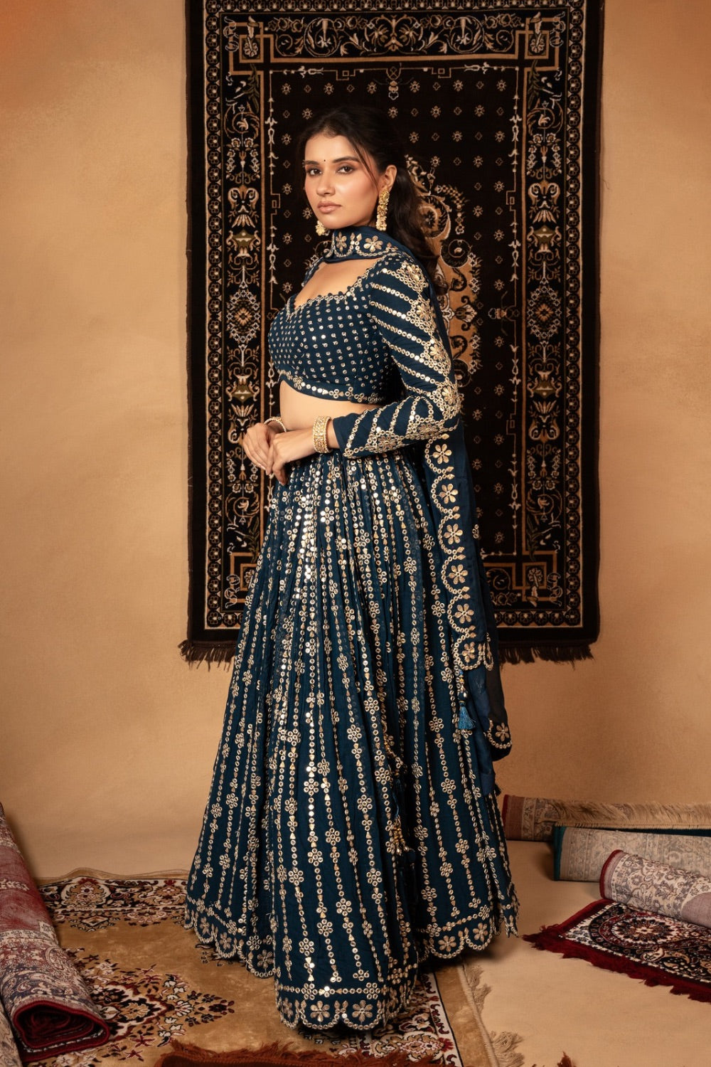 Dark Blue georgette lehenga choli with foil mirror work