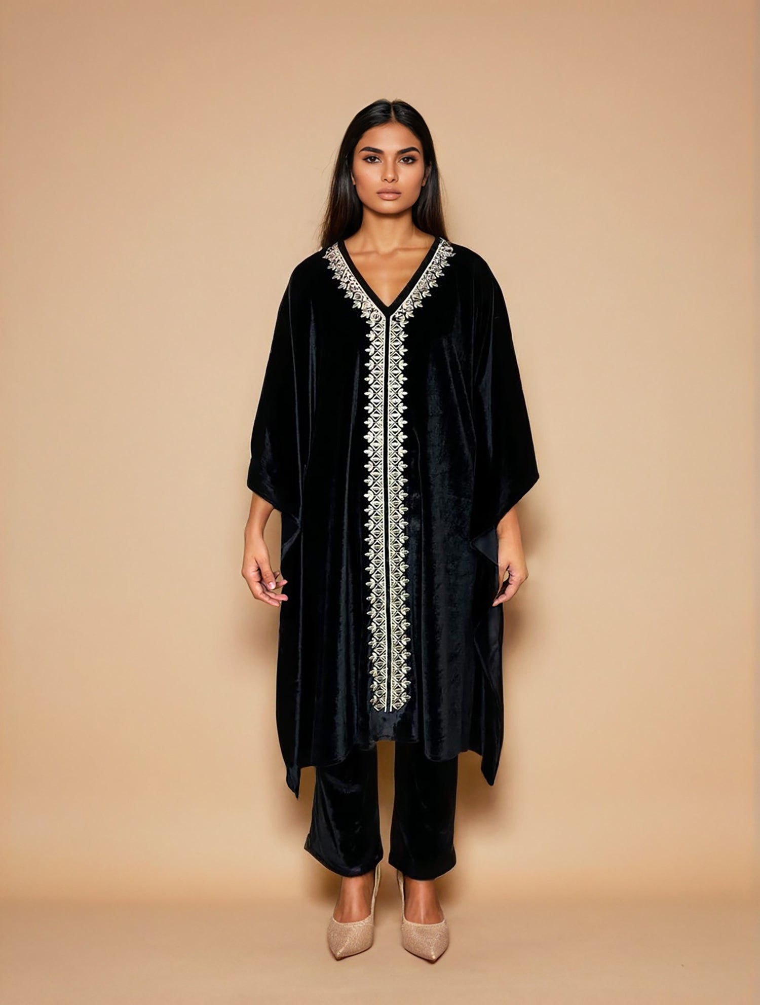 trueBrowns Black Velvet Embroidered Kaftan Kurta Set