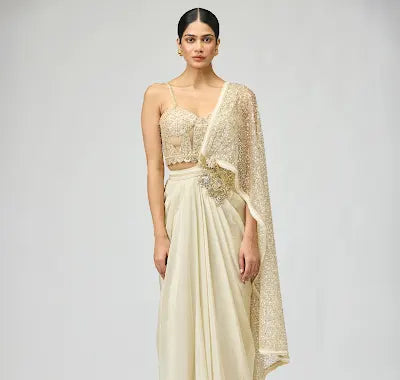 Ivory Viscose Tissue Saree Set with Bead Embroidery for Festive Wear
