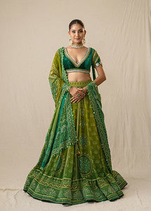 Green ombre printed bandhej lehenga set