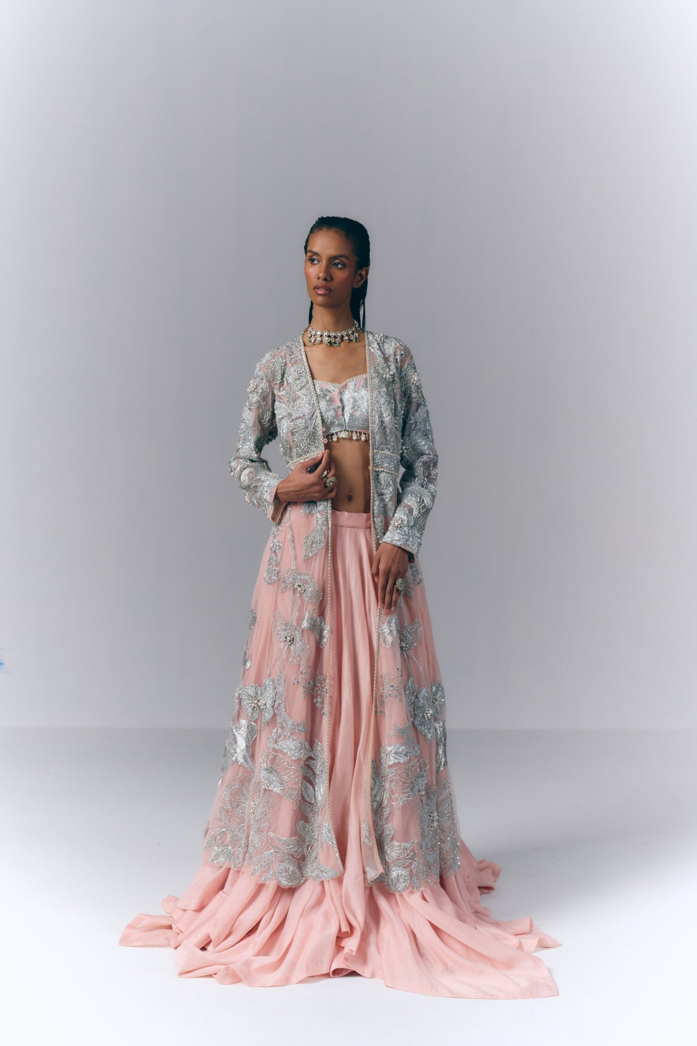 Peach Embellished Long Jacket Set