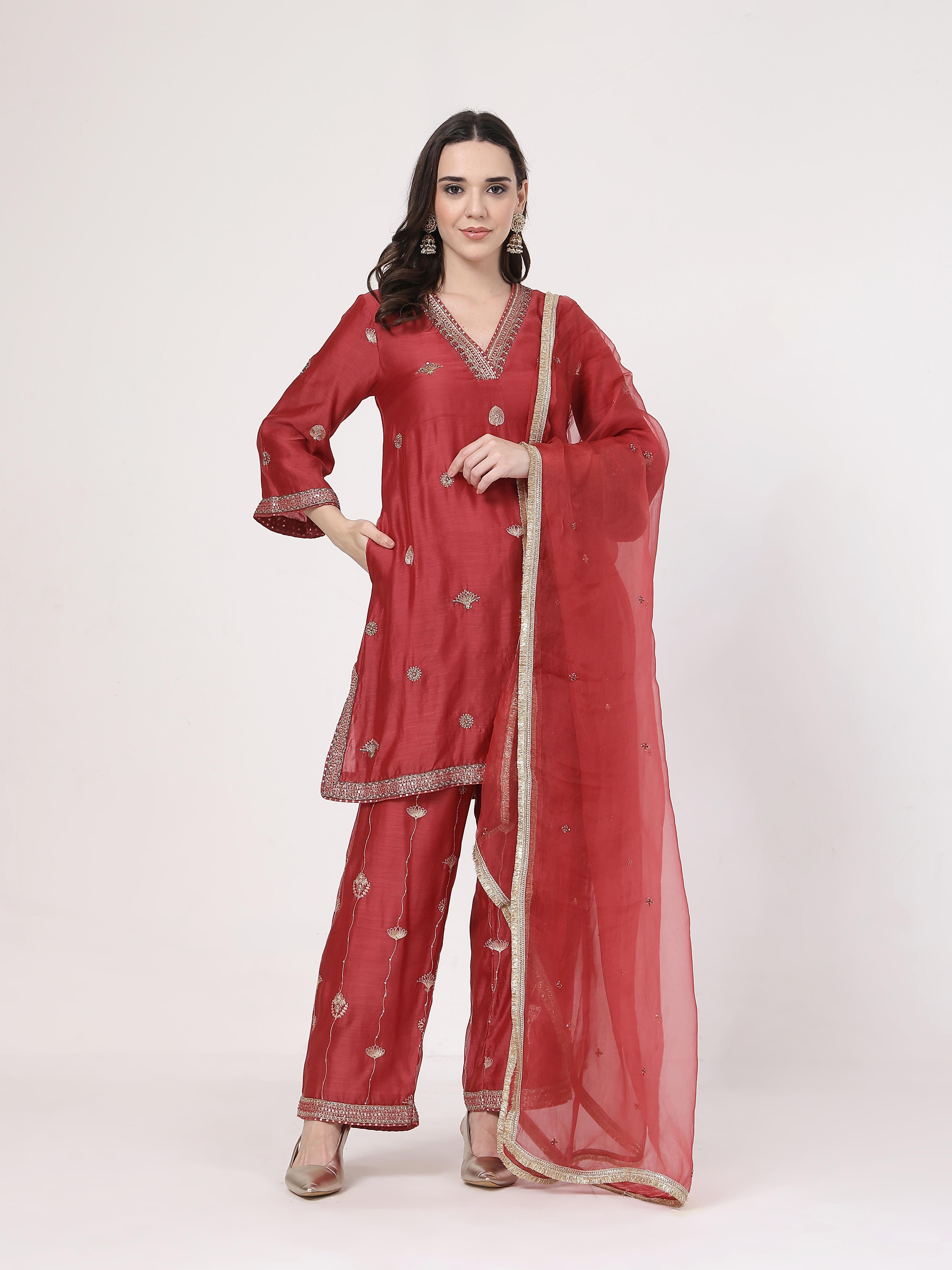 Maroon Embroidered Suit Set