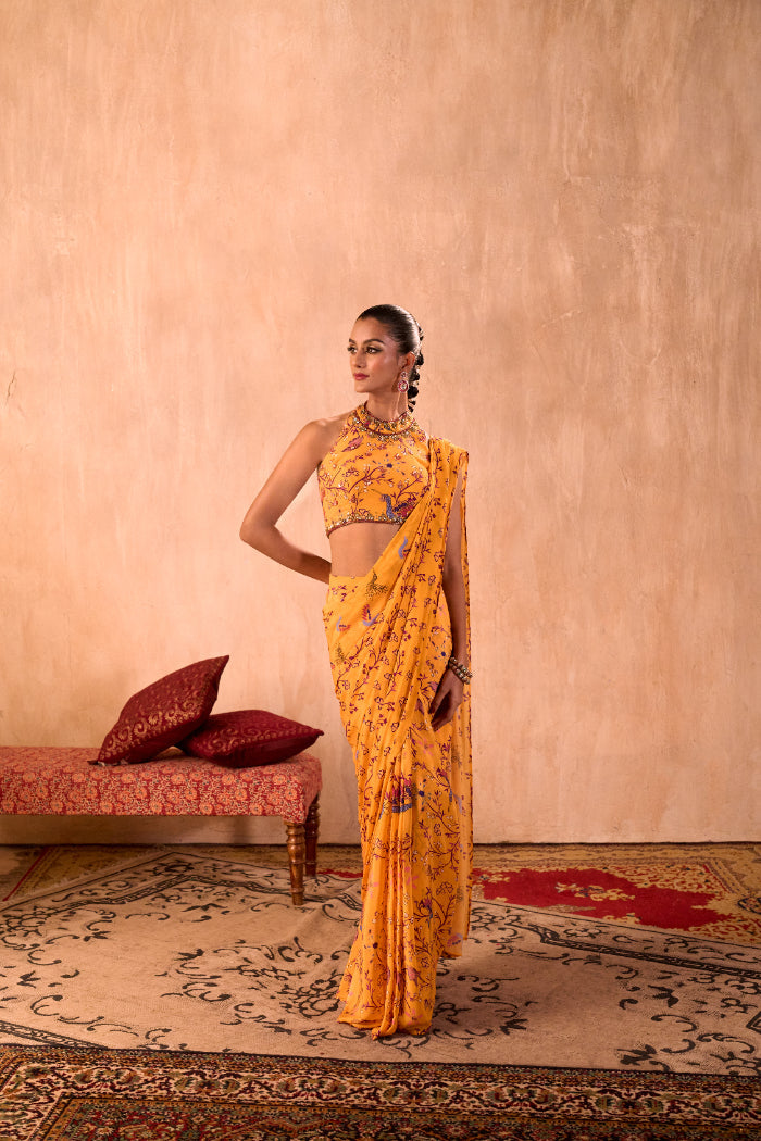 YELLOW PRINT EMBROIDERED HALTER CHOLI AND PREDRAPED SARI SET - image 1