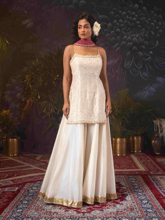 ivory silk chanderi spaghetti kurti,sharara set paired with onion pink dupatta - image 1