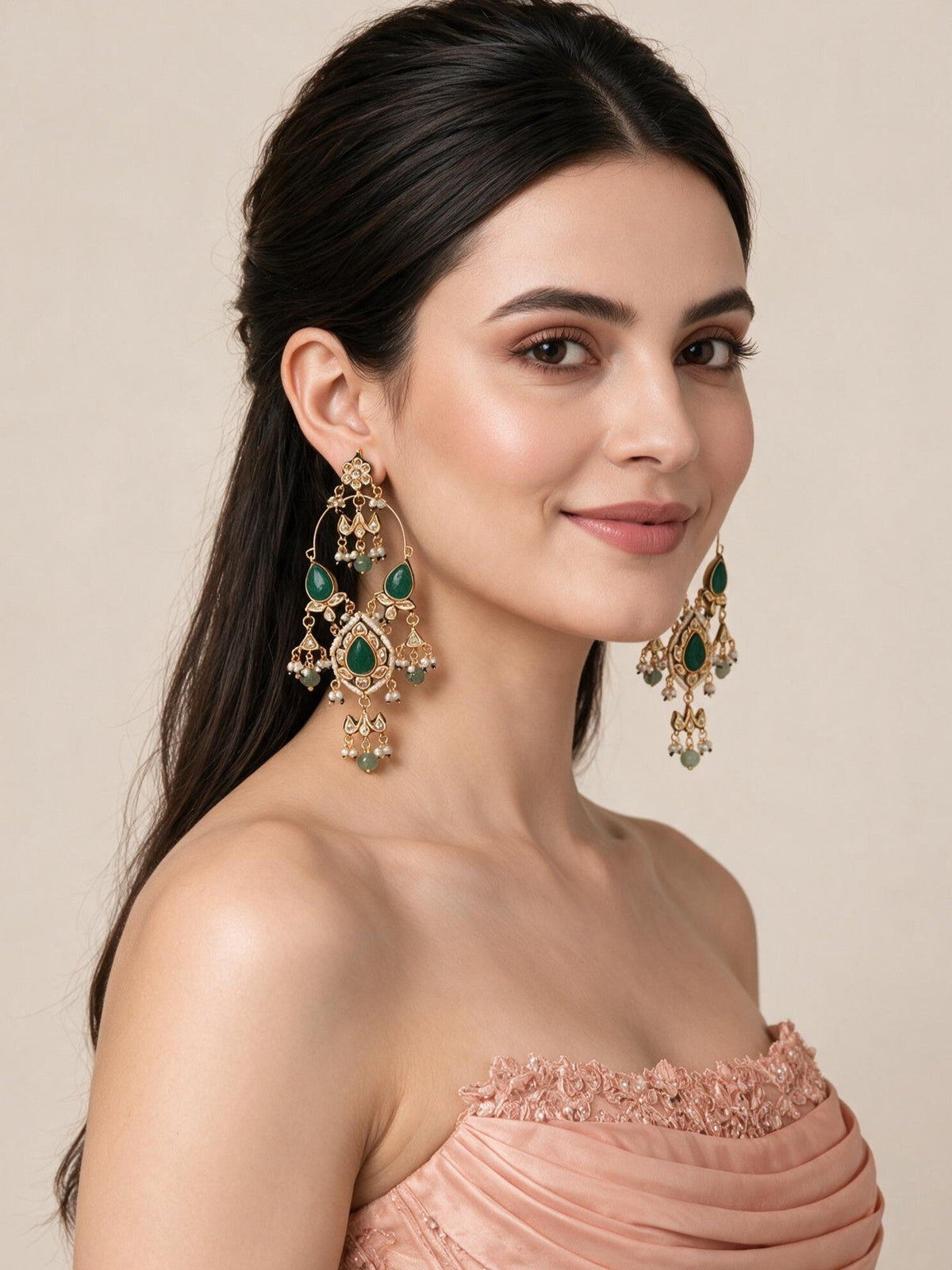 Emerald Kundan Statement Drop Earrings