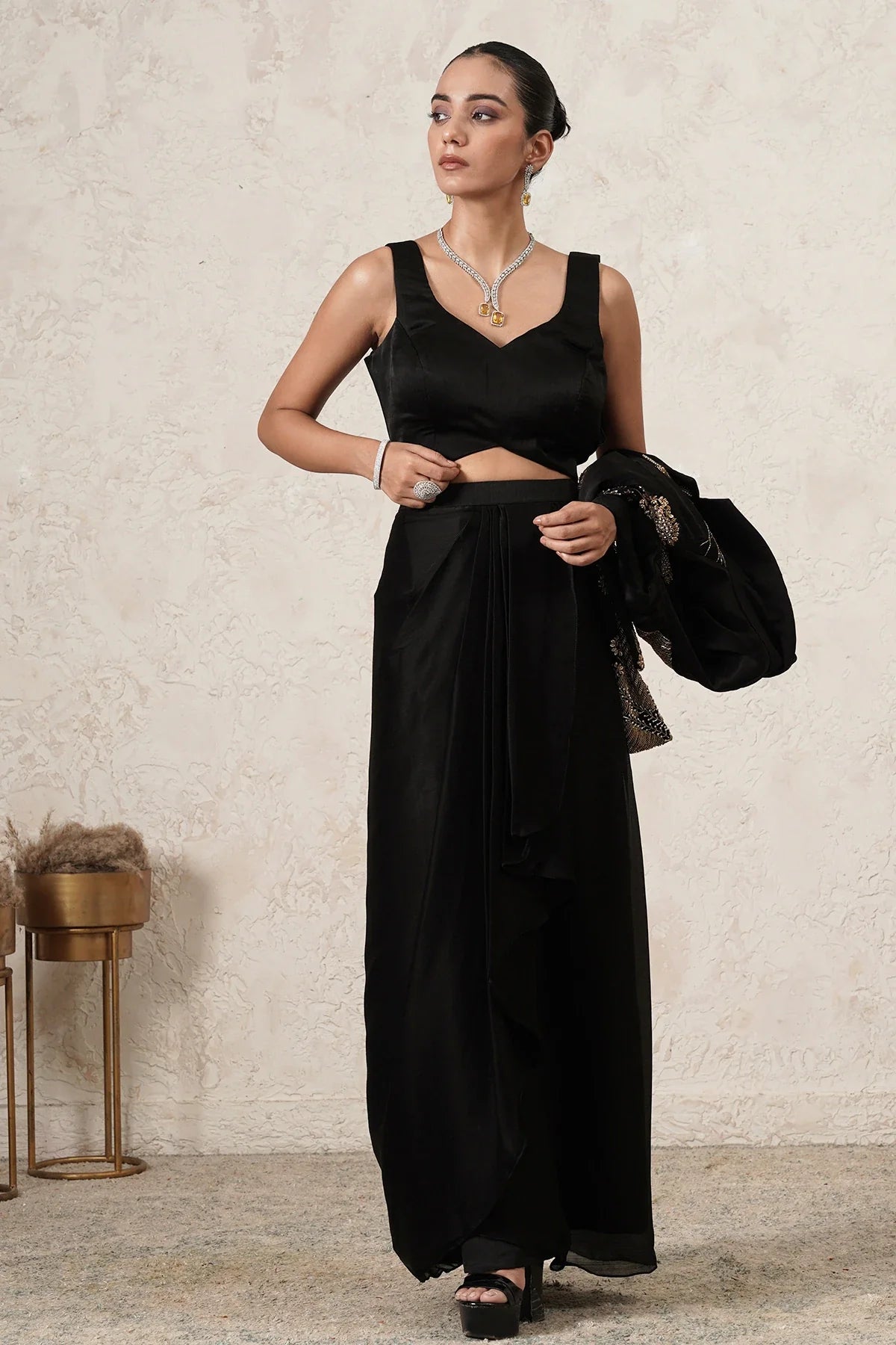 Raat Dhoti Saree Set with Hand-Embroidered Cropped Jacket | Black & Antique Gold | Women | THETAA