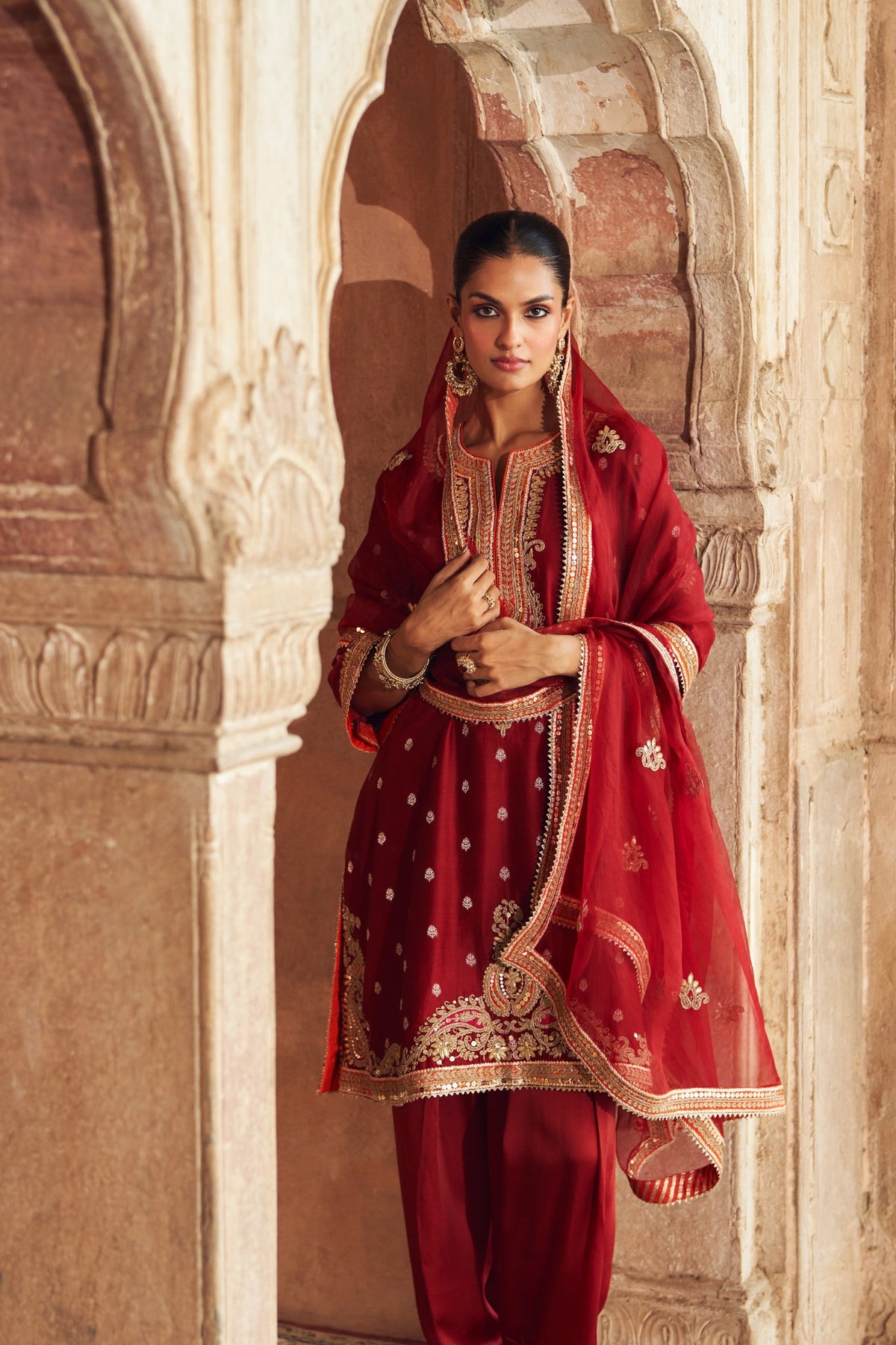 Mehwish Deep Red Silk Banarasi Short Kurta Salwar Suit Set