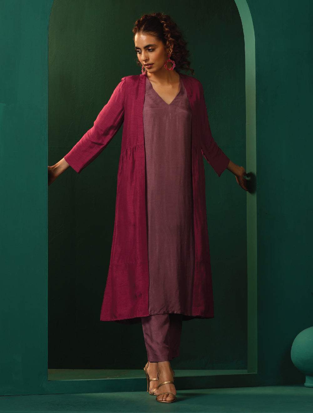 trueBrowns Maroon Light Mauve Silk Jacket Kurta Set