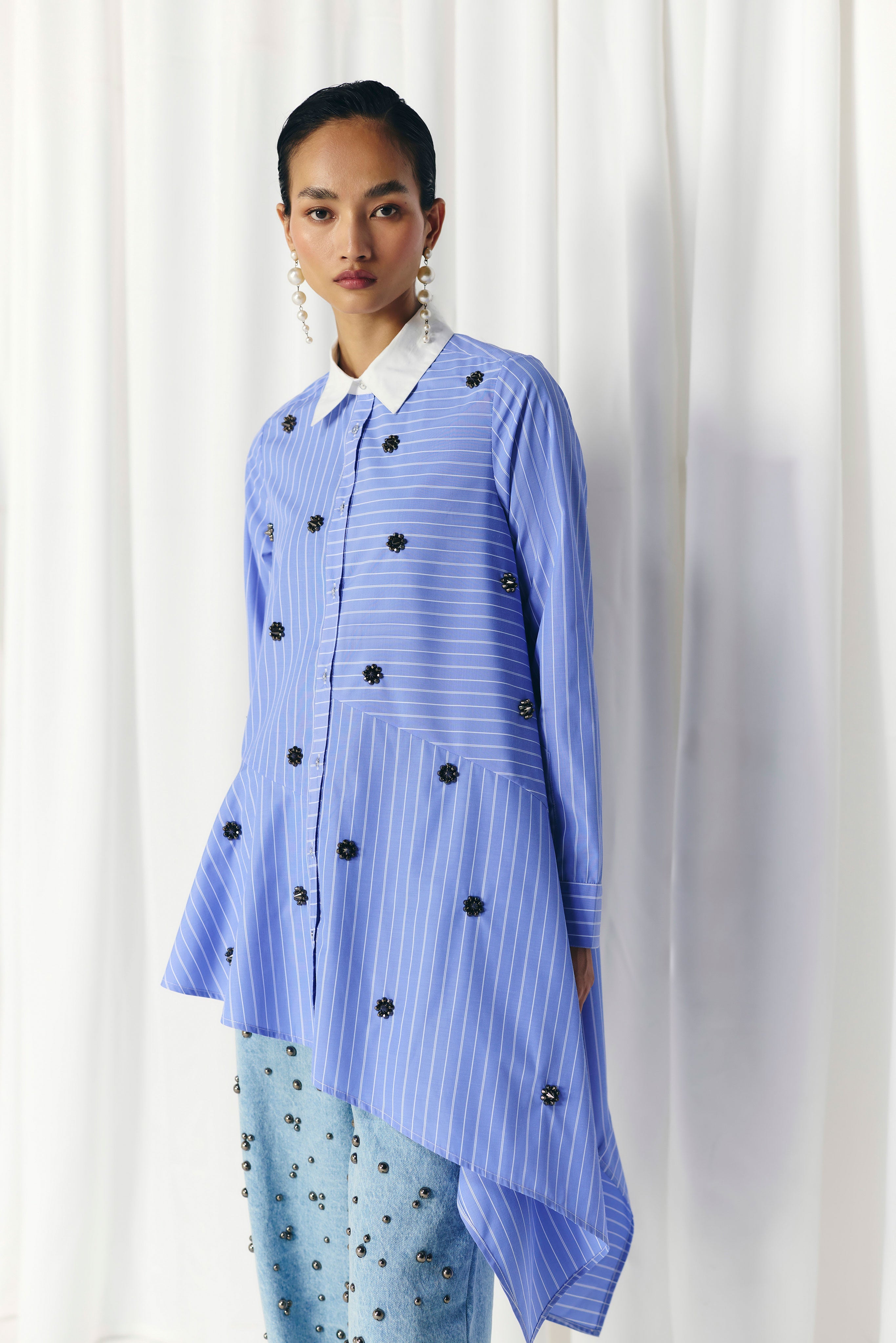 ASYMMETRIC STRIPE STUDDED SHIRT