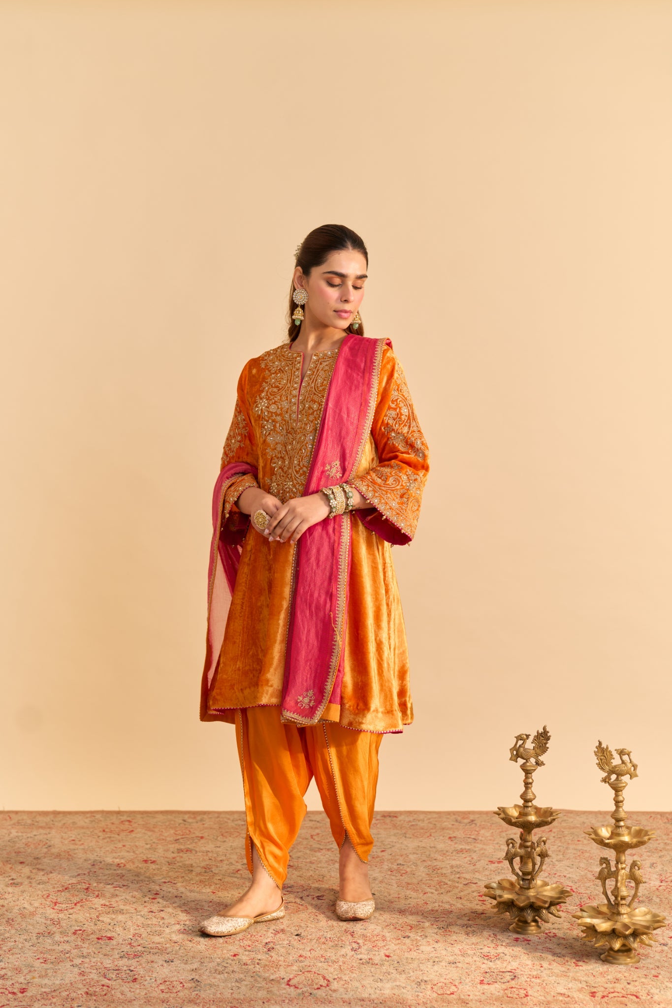 Eira - Orange A-line Kurta with Dhoti with Dupatta