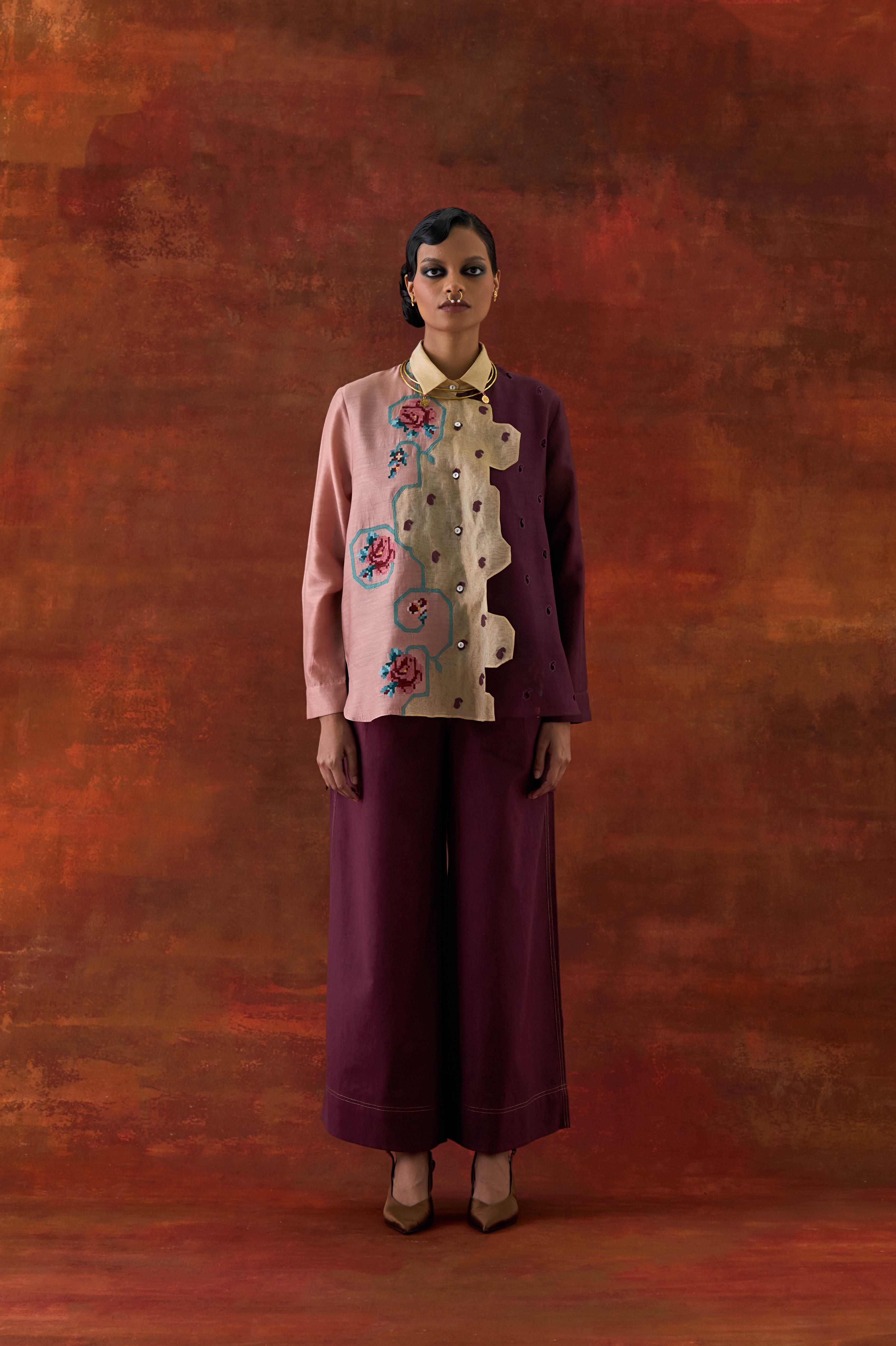 EMB TRI COLOR SHIRT WITH FLARED PANTS - image 1