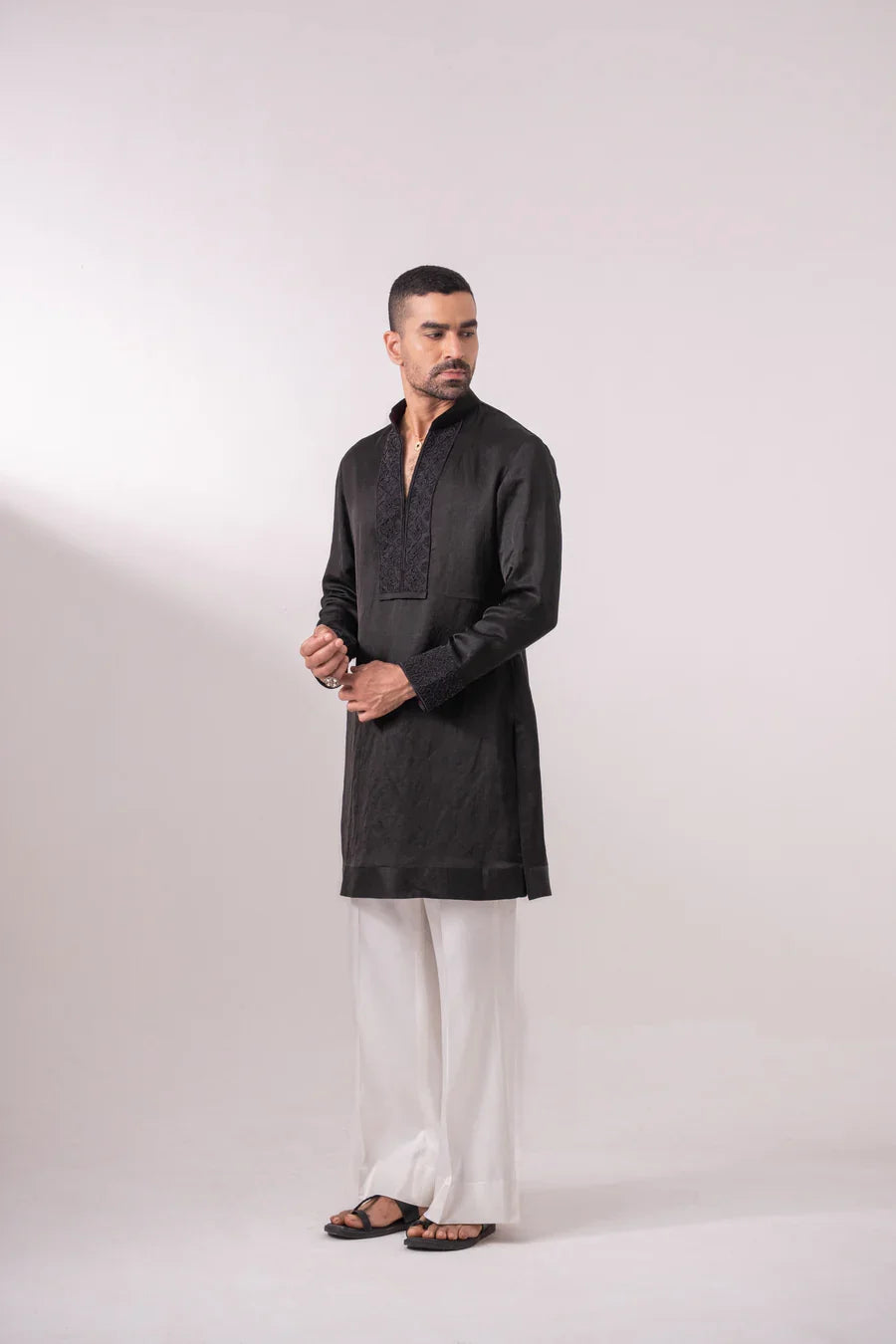 Black Linen Silk Kurta with Zardozi Embroidery
