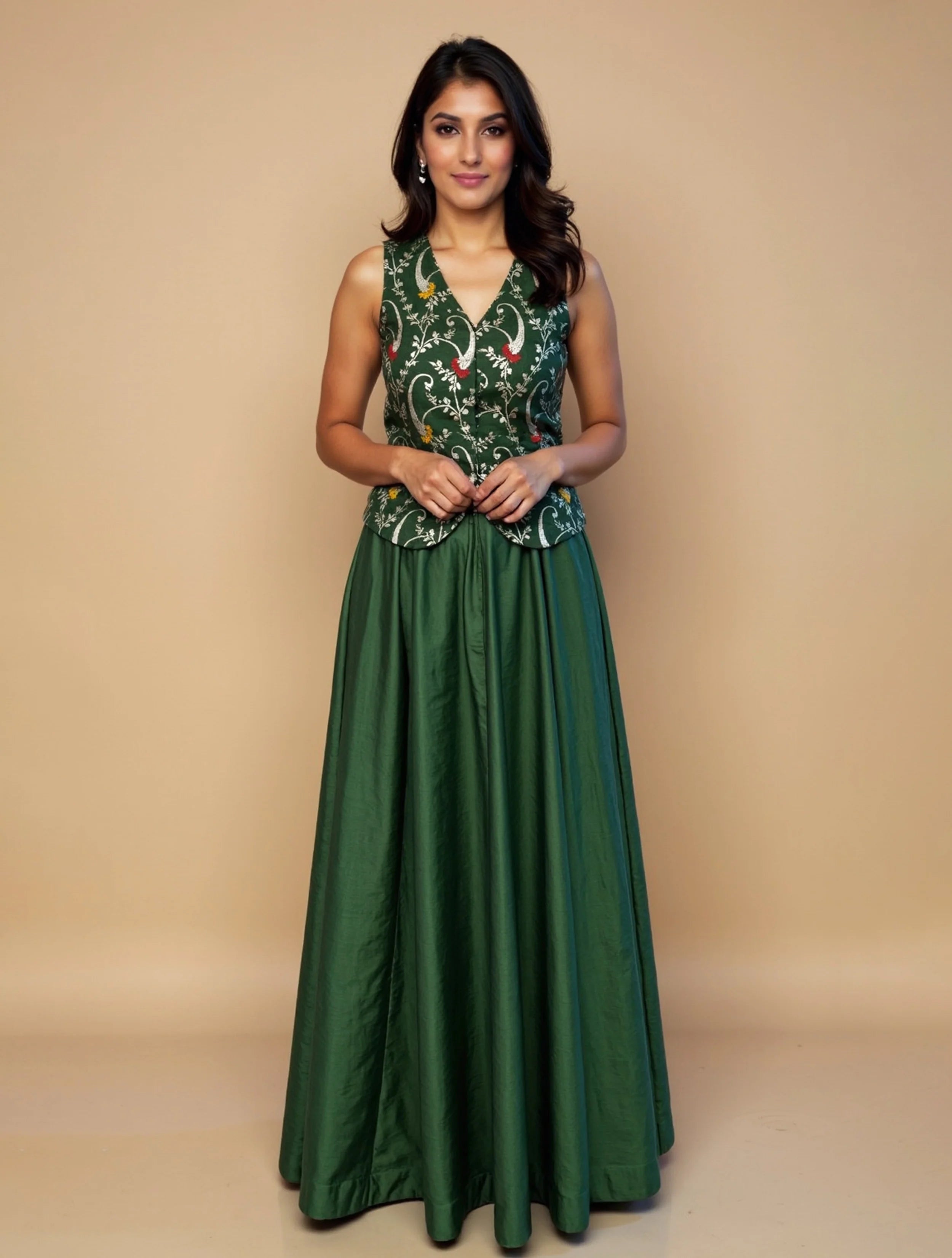 trueBrowns Green Brocade Jacket Skirt Co-ord Set