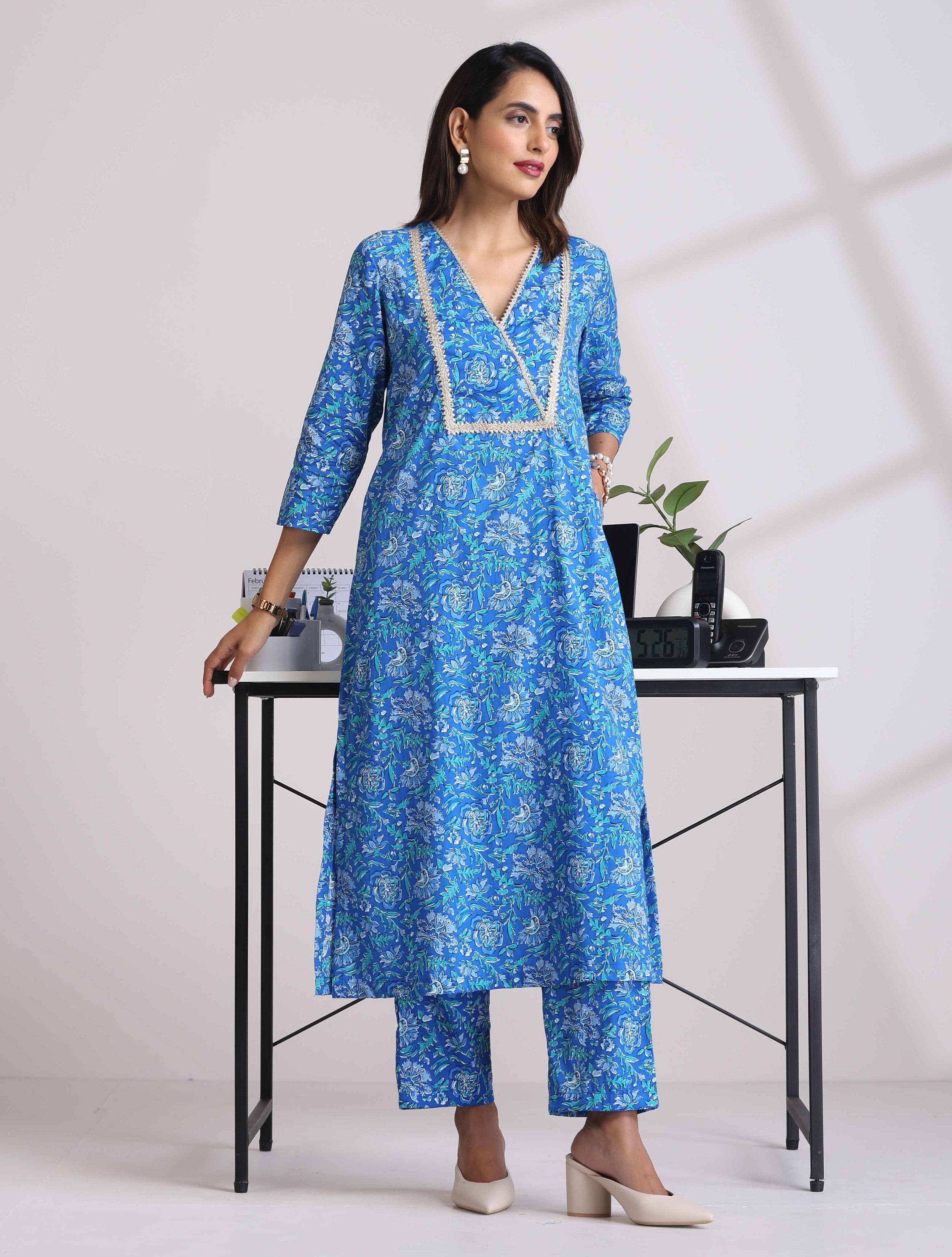 trueBrowns Blue Print Straight Kurta Set