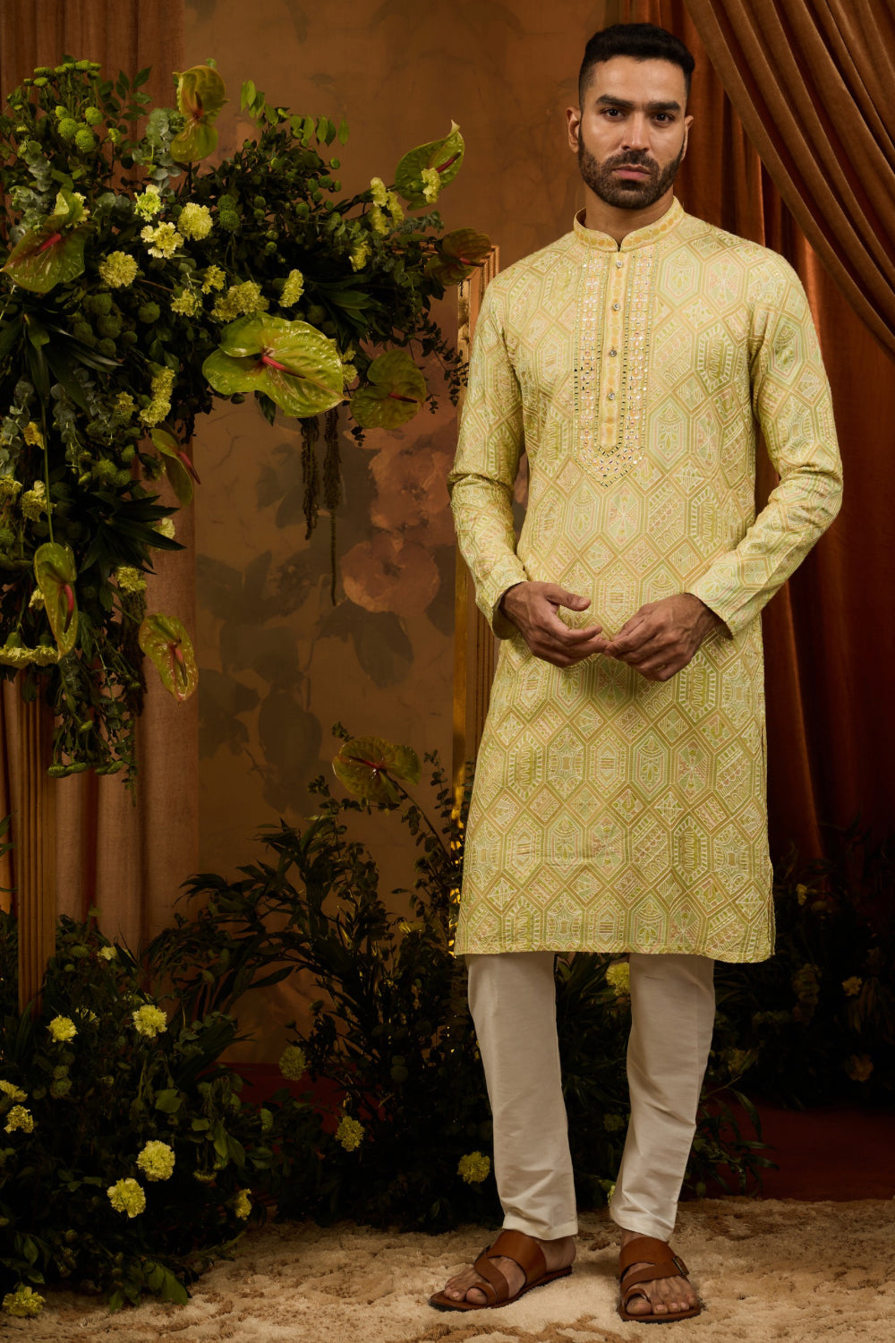 Yellow silk kurta pajama set with sequin and mirror thread work