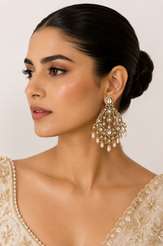 Polki Chandelier Earring with Pearl Drops