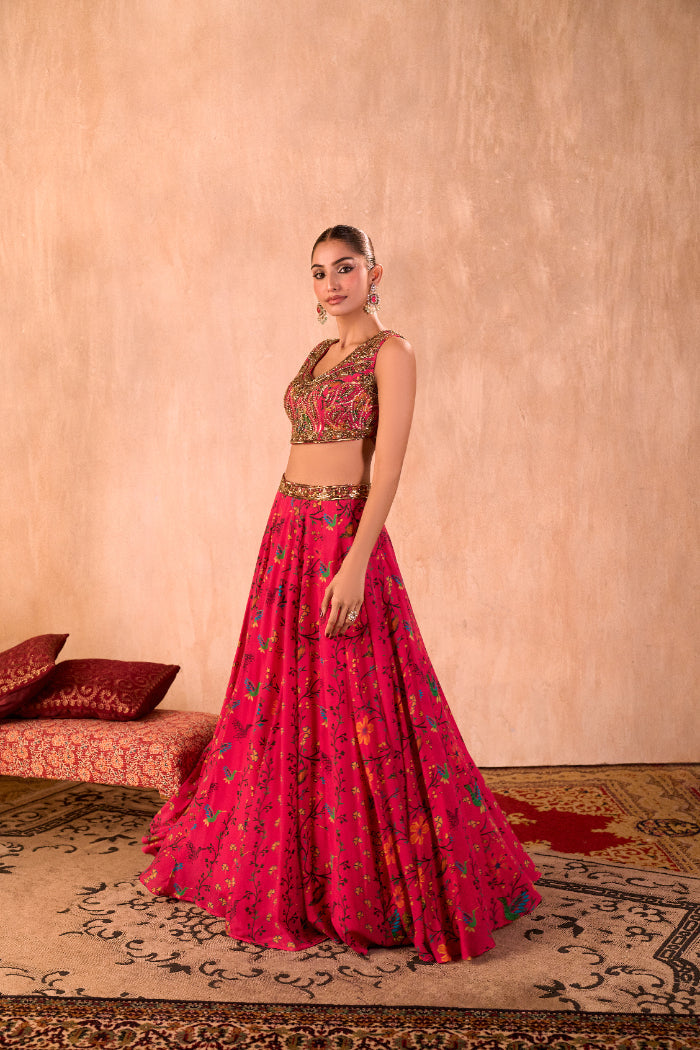 PINK PRINT EMBROIDERED CHOLI, LEHENGA AND DUPATTA SET - image 1